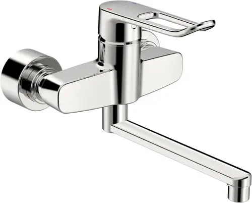 Einhebelmischer aus Chrom mit langem Bedienungshebel und Auslauf, montiert an einer Wand. Marke HANSA.